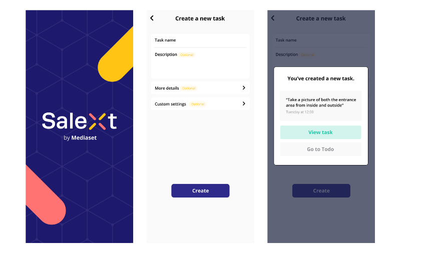 Salext task manager app showing task creation screens and a confirmation dialog