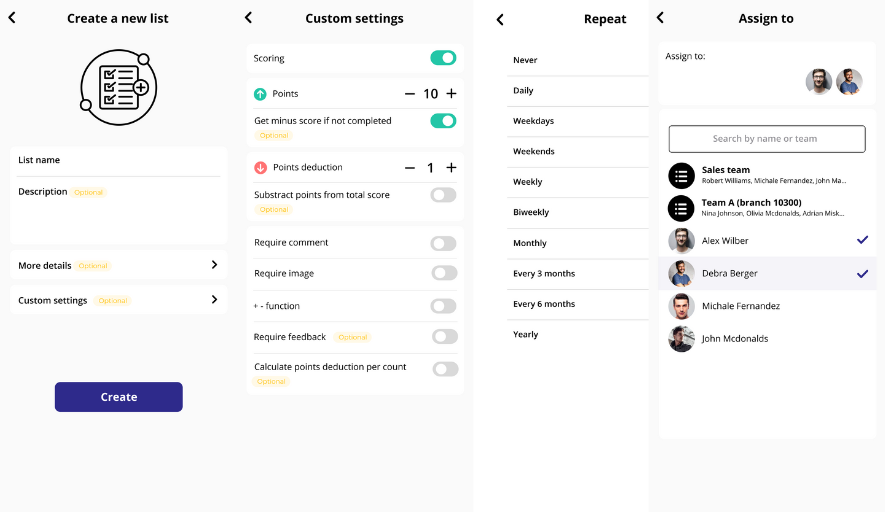 Salext app screens for creating a task list, configuring scoring, scheduling, and assigning tasks