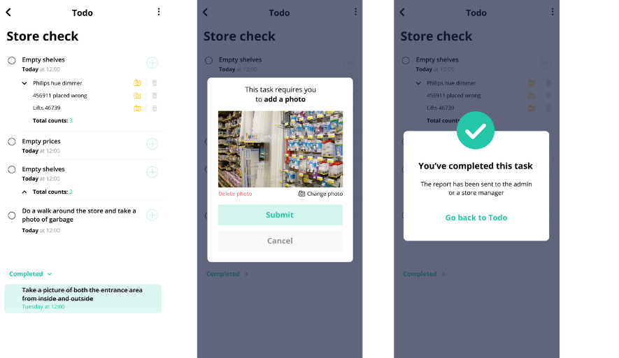 Salext store check to-do list, photo submission dialog, and completion confirmation screens