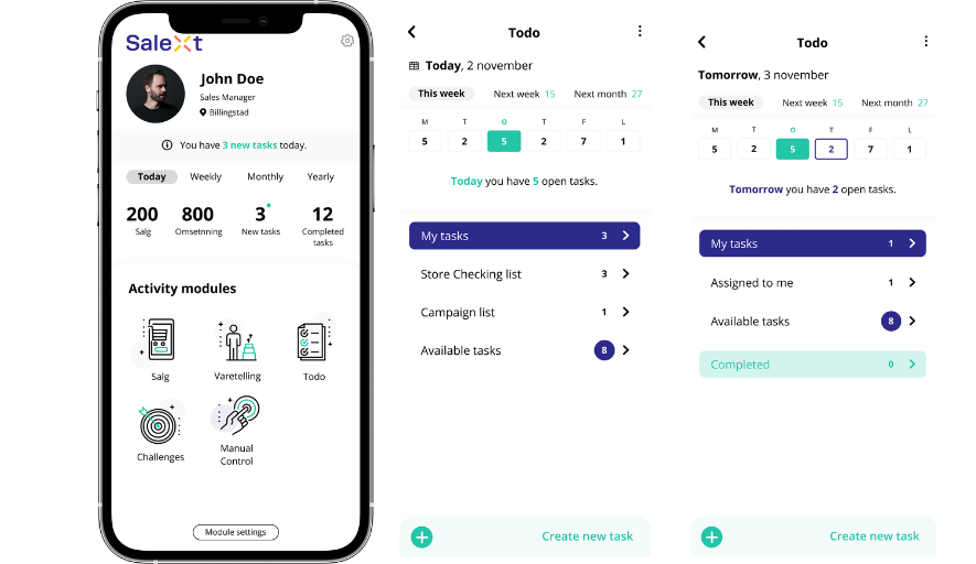 Salext task prioritization screens showing a profile dashboard and Todo lists with calendars and category counts