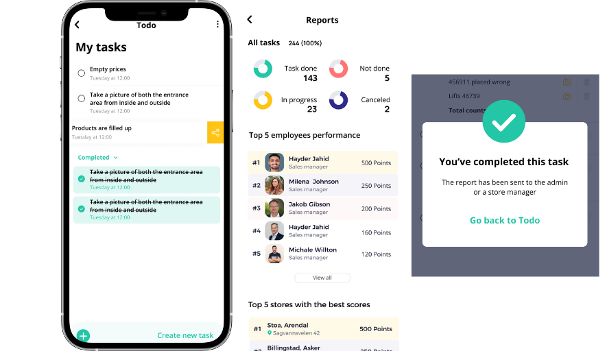 Salext task completion screens showing a reports dashboard with completion stats and a confirmation popup