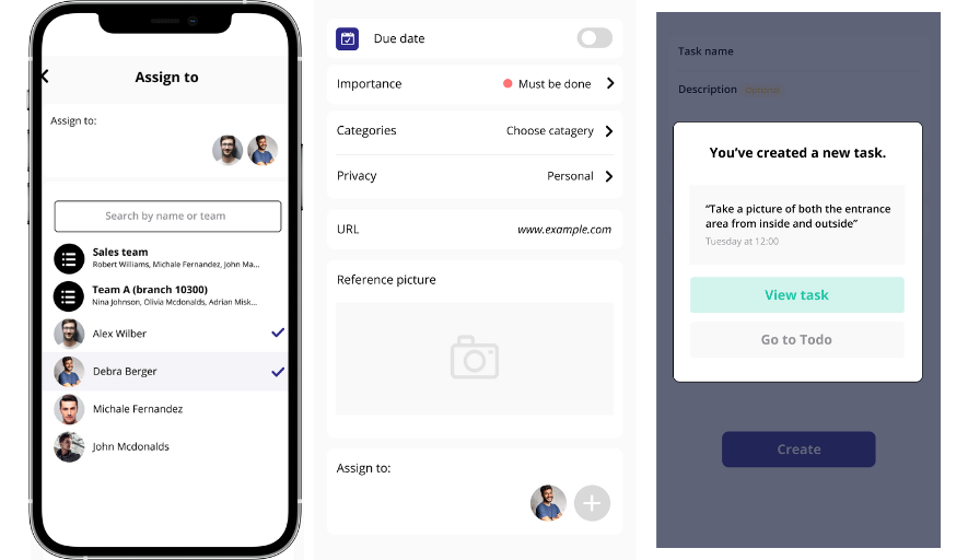 Salext task assigning screens for assigning tasks, setting due dates, importance and categories