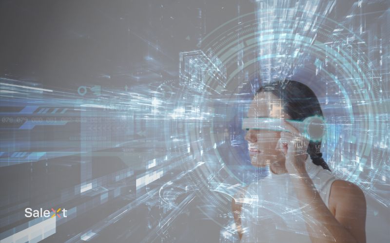 A woman wearing smart glasses in a retail store aisle with futuristic data graphics overlaid