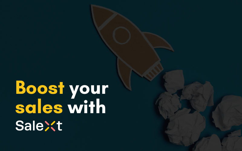 Illustration promoting the Salext sales module with charts and reward icons