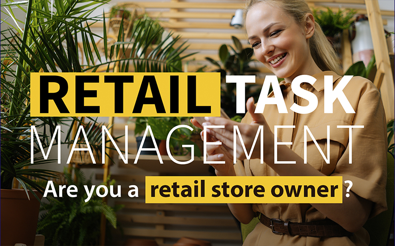 A smiling woman in a shop looking at her phone, promoting retail task management