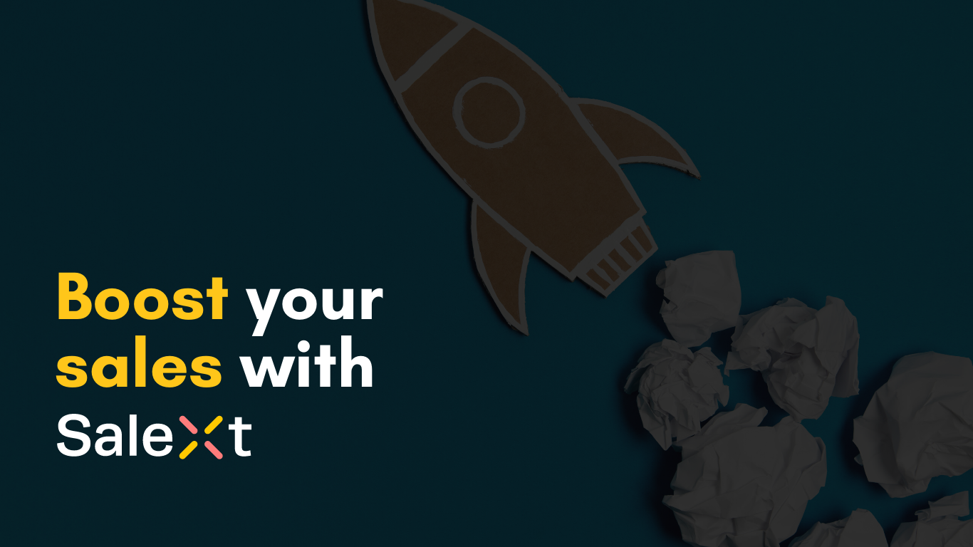 A paper cardboard rocket launching above crumpled paper balls on a dark teal background, with text reading Boost your sales with SaleXt