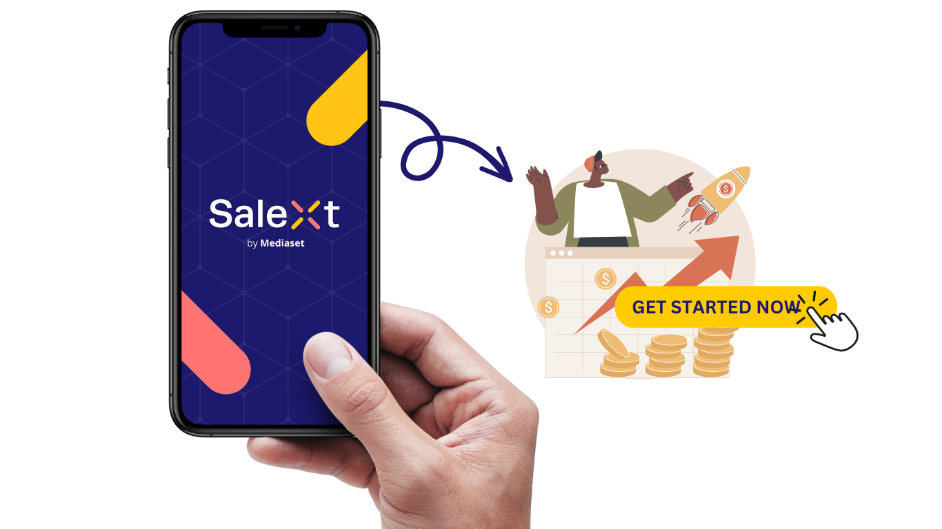 A hand holds a smartphone displaying the Salext by Mediaset app logo, with an arrow pointing to an illustration of a person, rocket, growth chart, coins, and a Get Started Now button