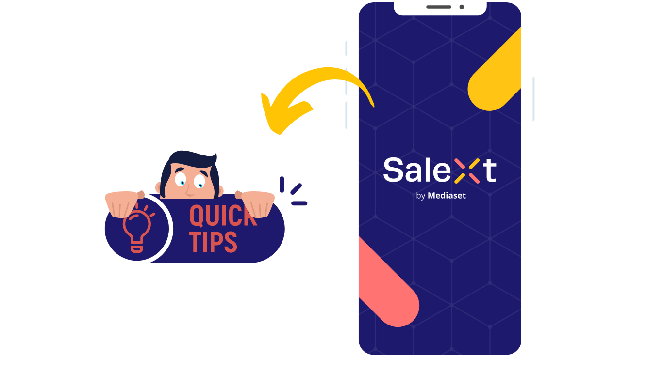 An illustrated graphic shows a cartoon figure peeking over a Quick Tips banner with an arrow pointing toward a smartphone displaying the Salext by Mediaset app splash screen