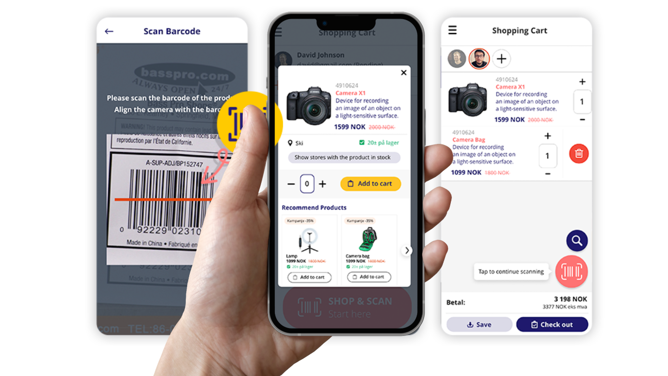 Three smartphone screenshots display a shopping app's barcode scanning, product detail, and shopping cart screens, with a hand holding one phone showing a barcode scan of a product label