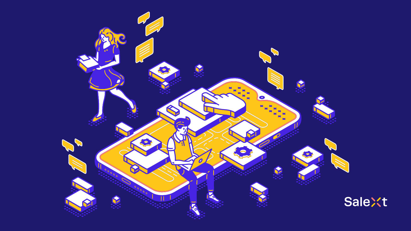 A flat-design vector illustration showing a man sitting on a large smartphone using a laptop while a woman walks nearby carrying a box, surrounded by chat bubbles, gears, and app icons, with a SaleXt logo in the corner
