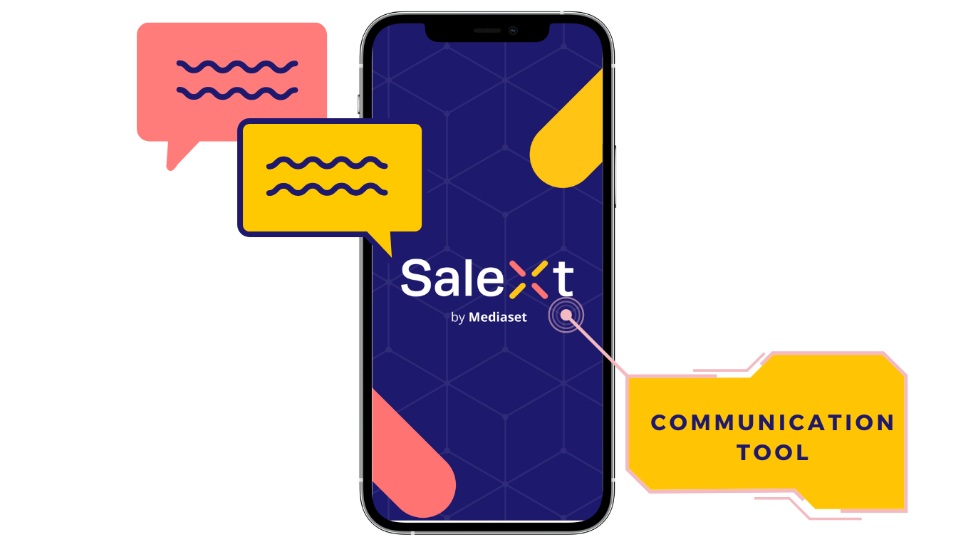A graphic shows a smartphone displaying the Salext by Mediaset app logo screen with speech bubble icons and a callout box labeled Communication Tool