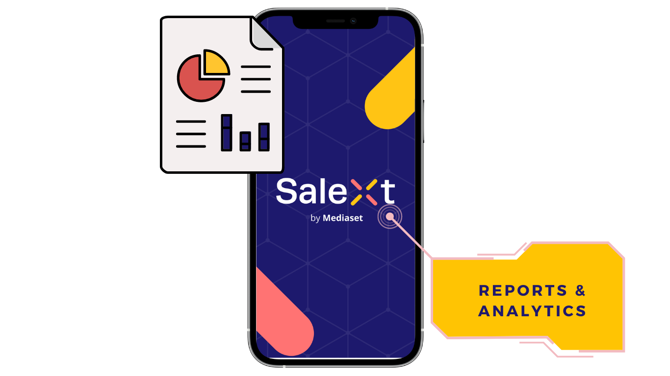 A graphic shows a smartphone displaying the SaleXt by Mediaset app splash screen, alongside a report document icon with charts and a callout label reading Reports and Analytics