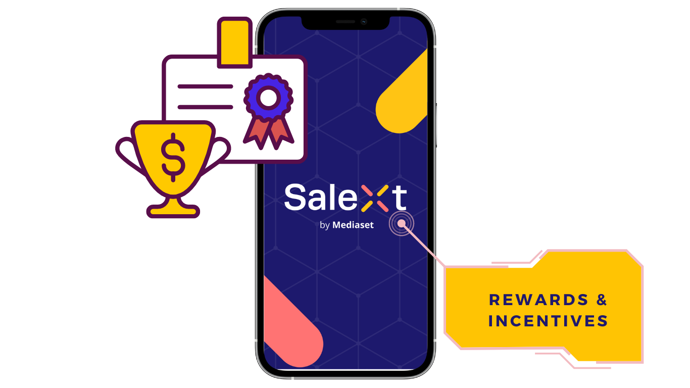 An illustrated graphic shows a smartphone displaying the SaleXt by Mediaset app logo, accompanied by trophy, certificate, and Rewards and Incentives callout icons