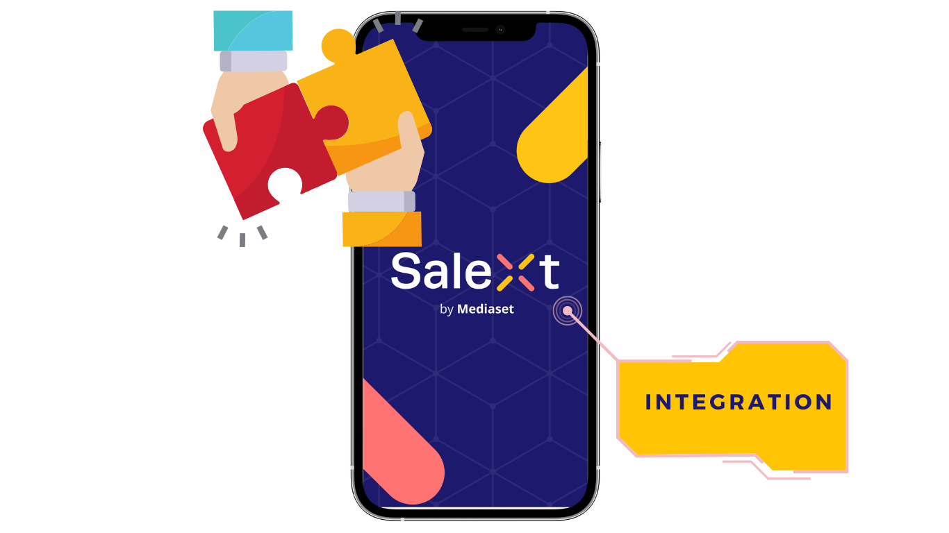 An illustration shows a smartphone displaying the SaleXt by Mediaset app logo, with two illustrated hands connecting puzzle pieces beside it and a yellow INTEGRATION label pointing to the phone screen