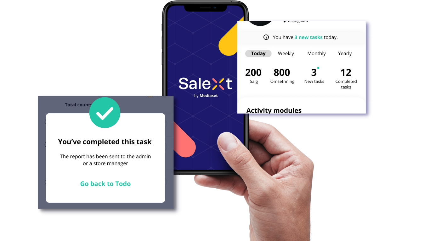 A hand holds a smartphone displaying the SaleXt app splash screen, with overlaid screenshots showing task dashboards and a task-completion confirmation message