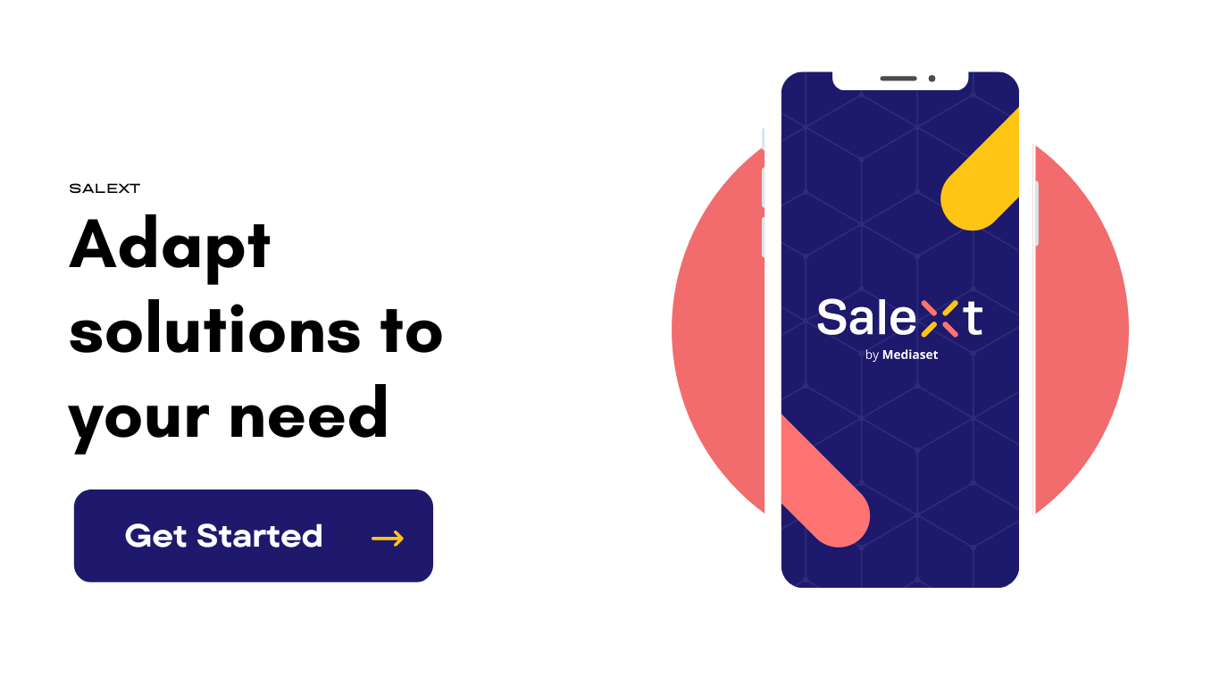 A landing page graphic shows a smartphone mockup displaying the Salext by Mediaset app logo screen, next to text reading Adapt solutions to your need and a Get Started button