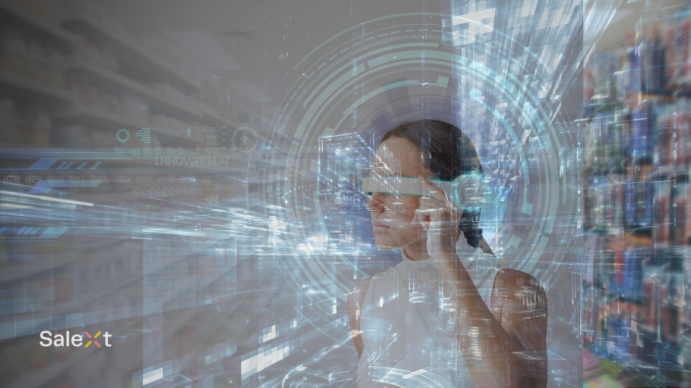 A digitally composited image shows a woman wearing smart glasses in a retail store aisle, overlaid with futuristic circular graphics, data icons, and the word Innovation, with a Salext logo in the corner