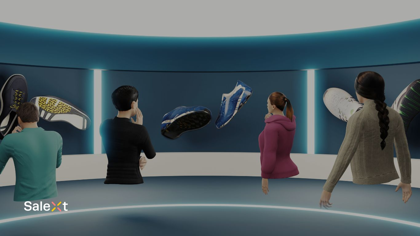 A digital illustration shows four animated human figures viewing floating 3D shoe models displayed on curved screens in a virtual showroom, with a SaleXt logo in the corner