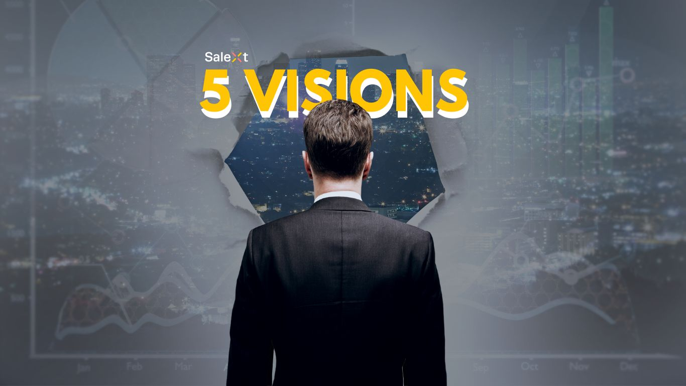 A graphic shows a man in a suit viewed from behind, facing a torn opening revealing a nighttime cityscape, overlaid with the text Salext 5 Visions and background chart graphics