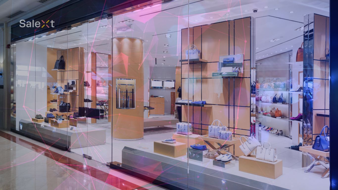 A luxury retail storefront displaying handbags and shoes behind glass, overlaid with a graphic of glowing connected network lines