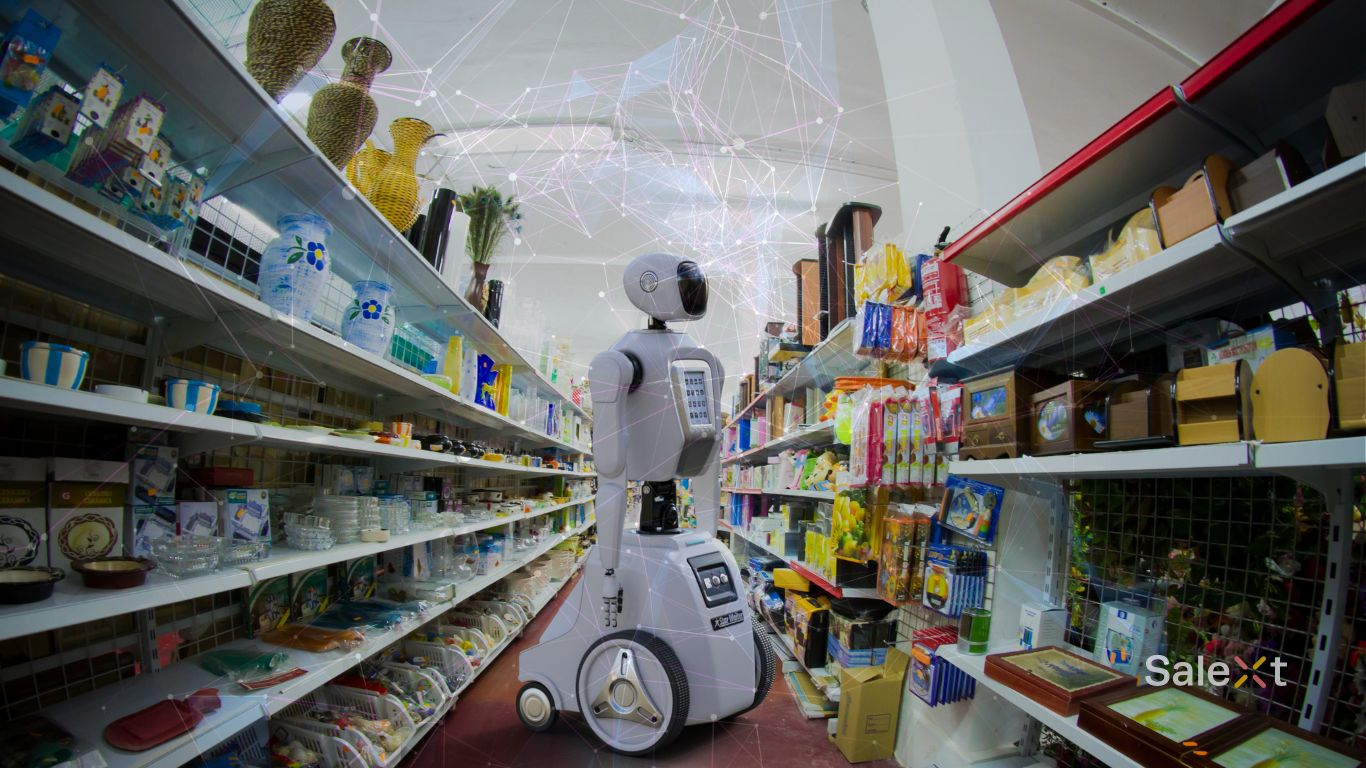A humanoid robot on wheels stands in a store aisle lined with shelves of household goods, overlaid with a digital network graphic and the SaleXt logo in the corner