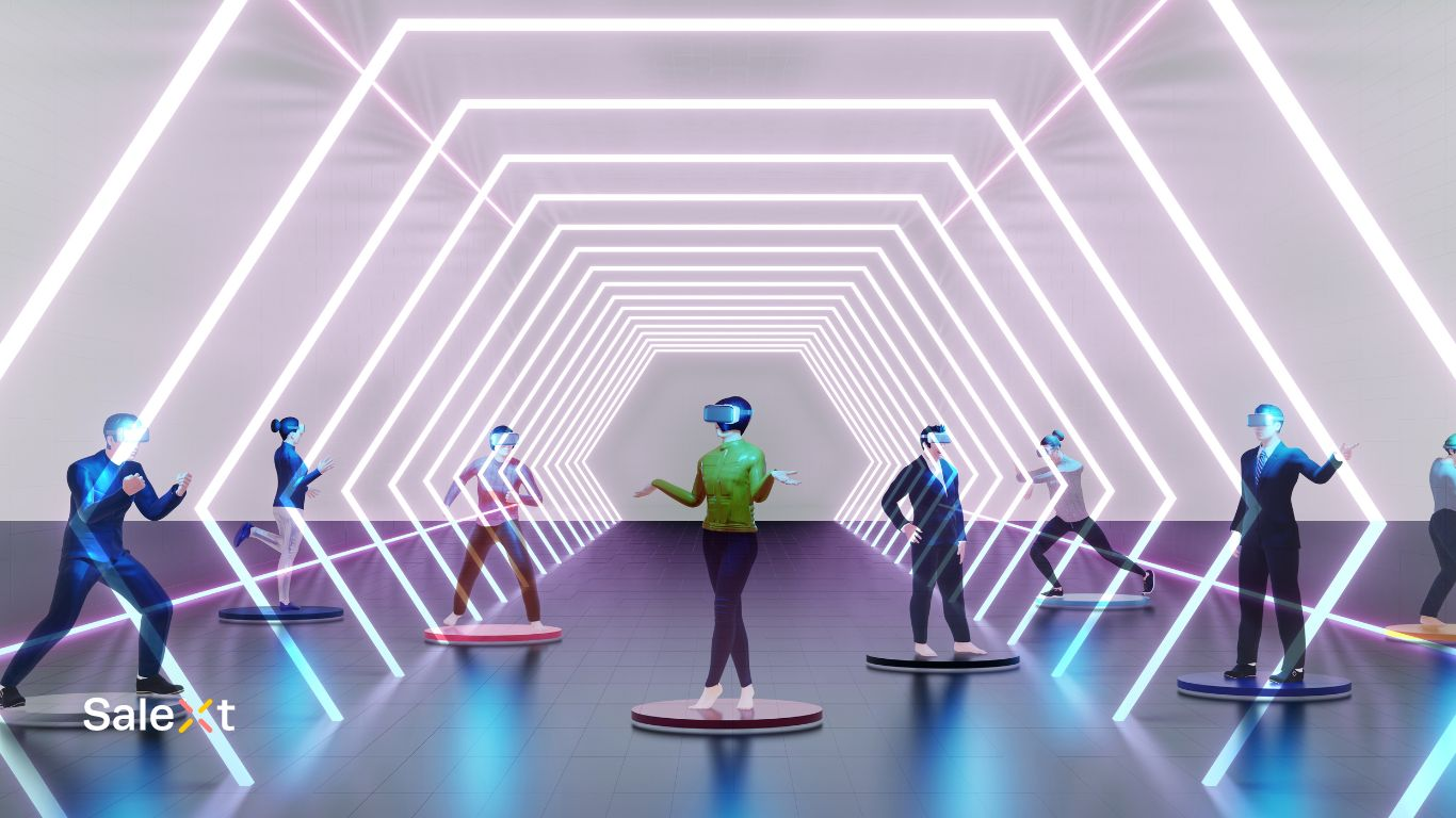A digital illustration shows several people wearing VR headsets standing on individual platforms in a glowing geometric tunnel, with a company logo in the corner