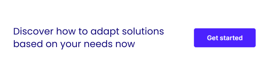 A website banner displays the text Discover how to adapt solutions based on your needs now alongside a purple Get started button