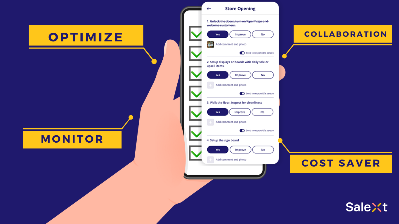 An illustrated graphic shows a hand holding a smartphone displaying a Store Opening checklist app screen, surrounded by yellow labels reading Optimize, Collaboration, Cost Saver, and Monitor, with a company logo in the corner