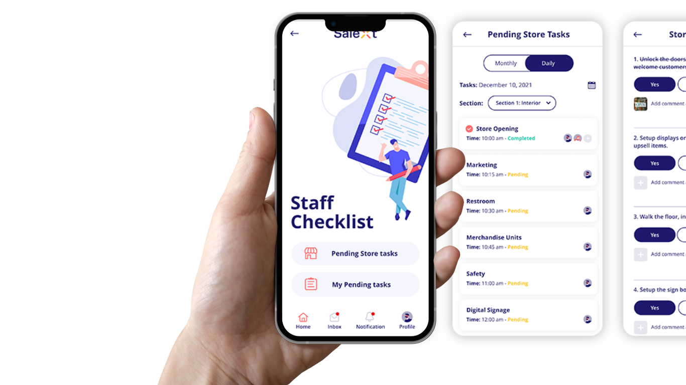 A hand holds a smartphone displaying a Staff Checklist app screen, with additional app screens showing Pending Store Tasks displayed alongside it