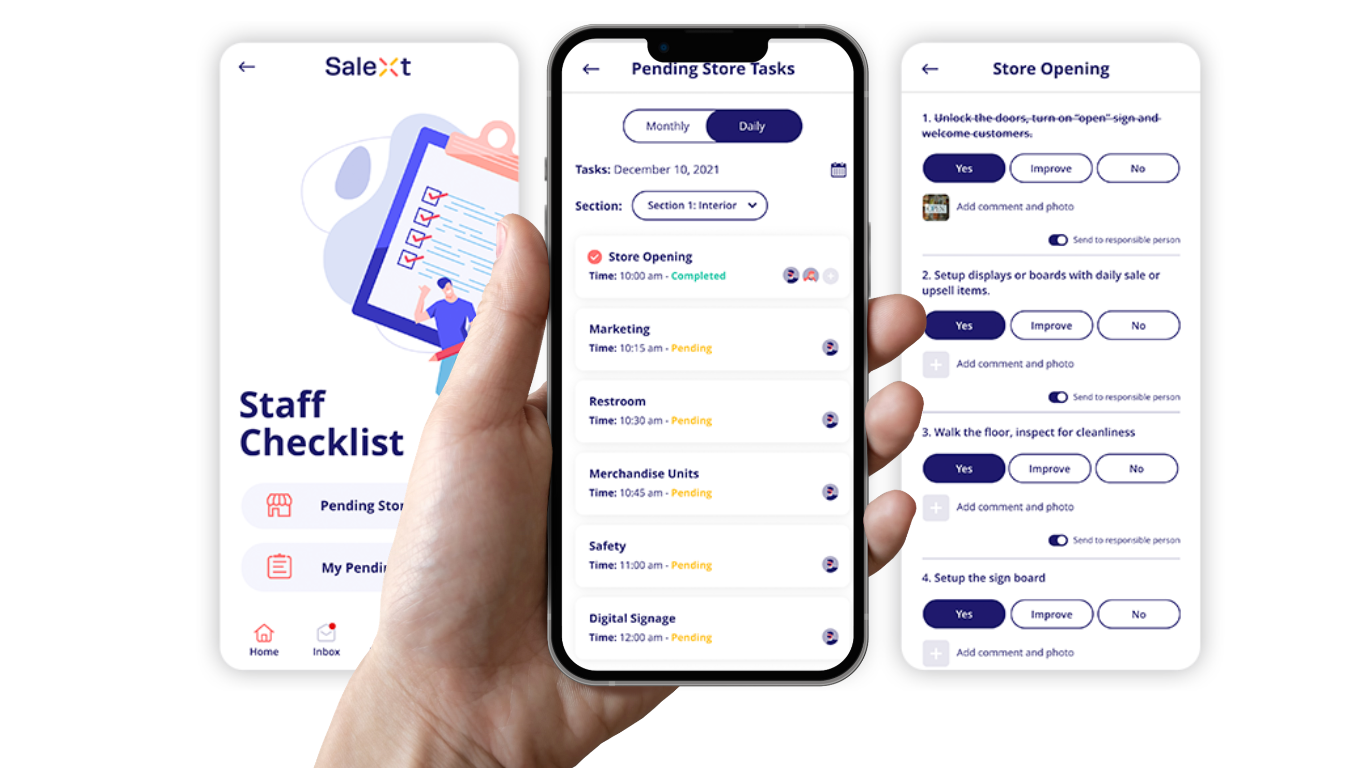 A hand holds a smartphone displaying a Pending Store Tasks checklist app screen, flanked by two additional app screenshots showing a Staff Checklist home screen and a Store Opening task list