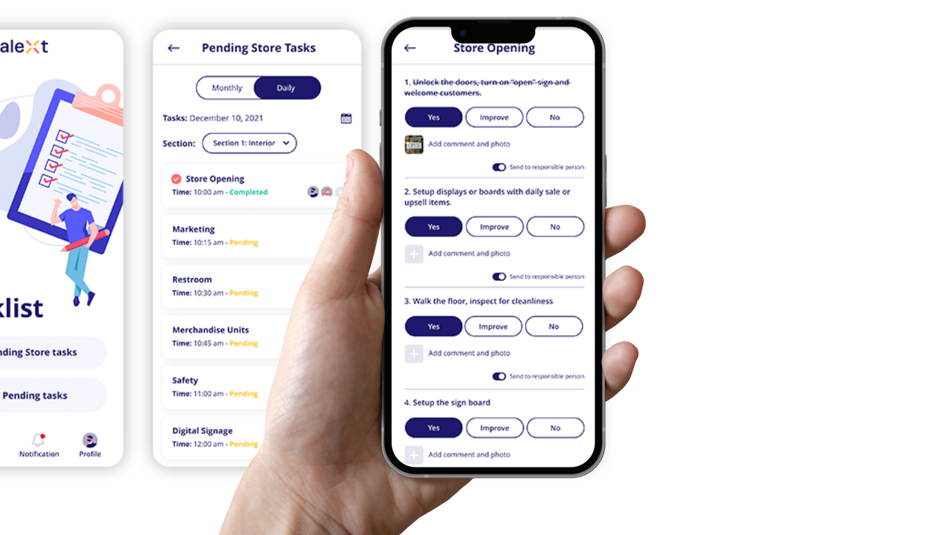 A hand holds a smartphone displaying a Store Opening task checklist app, with additional app screens showing Pending Store Tasks visible in the background