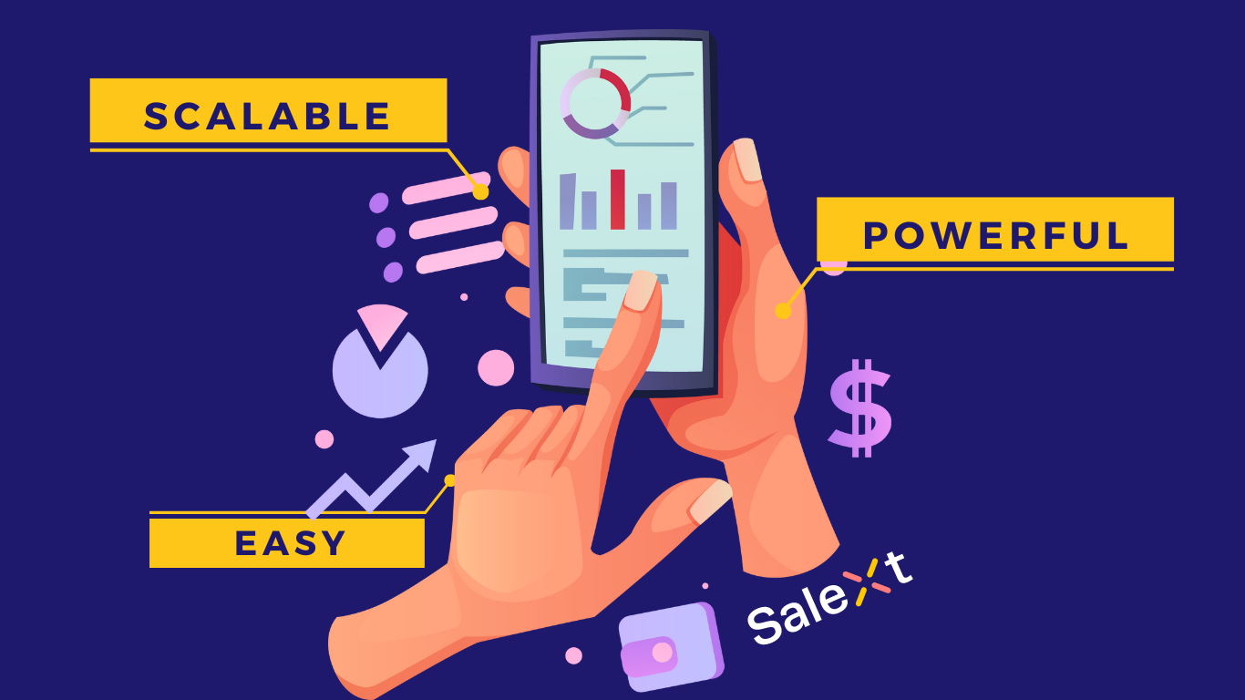 An illustration shows two hands holding and tapping a smartphone displaying charts and graphs, surrounded by labels reading Scalable, Powerful, and Easy, with a dollar sign, wallet icon, and the text Salext