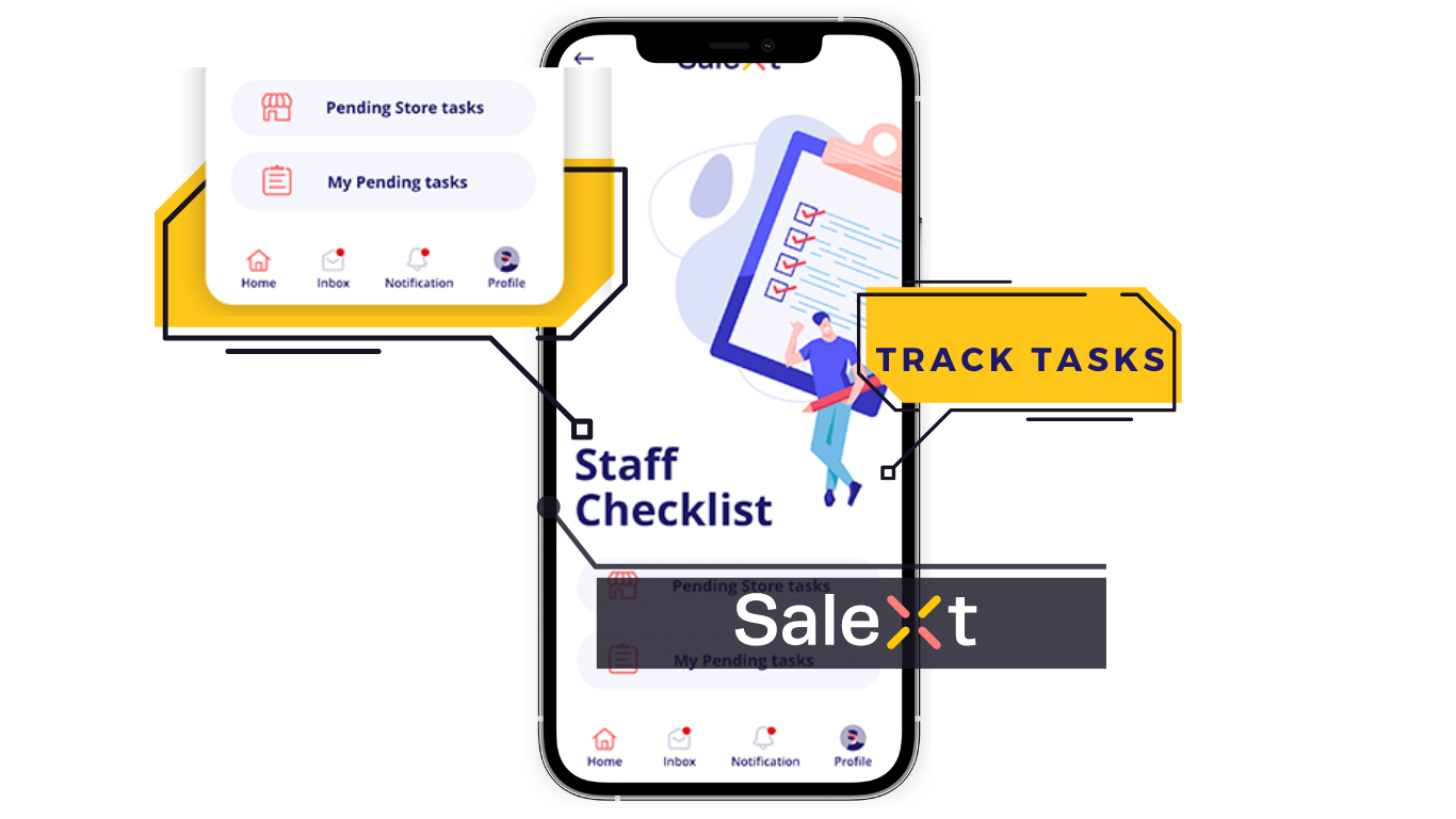 A graphic shows a smartphone displaying a Staff Checklist app screen with pending task lists, navigation icons, and a callout labeled Track Tasks, alongside a branded logo reading SaleXt