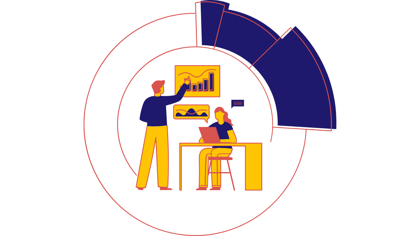 A flat-style illustration showing two people, one standing and pointing at a chart on the wall and one seated at a desk using a laptop, surrounded by circular graphic elements resembling a dial or gauge