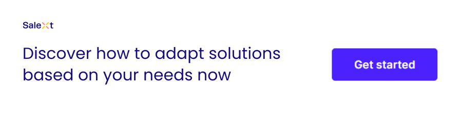 A website banner shows a company logo, a headline about adapting solutions to needs, and a purple Get started call-to-action button
