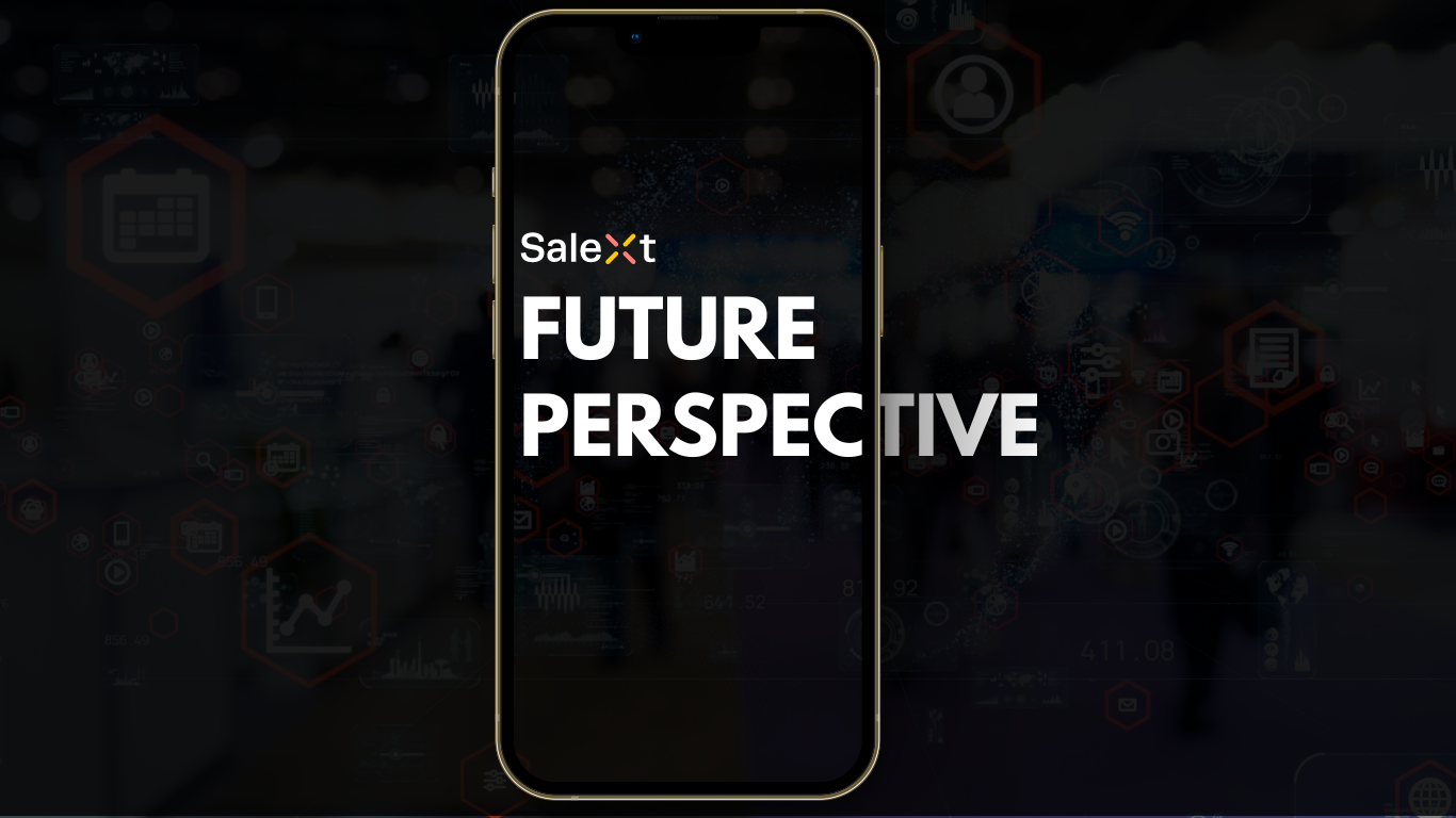 A graphic shows a smartphone displaying the text SaleXt Future Perspective over a dark background with retail and technology icons
